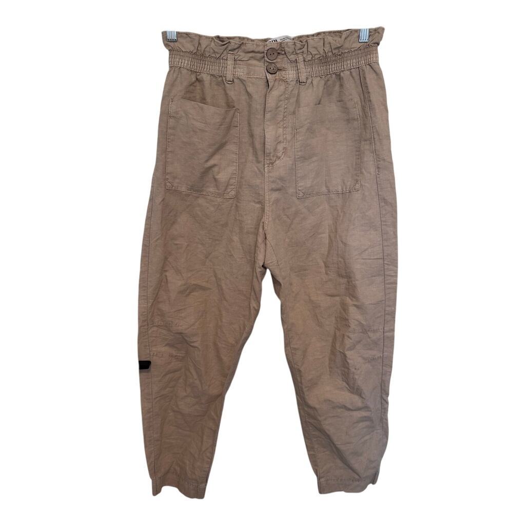 Women's Zara Khaki Paperbag Cotton/LinenBlend Trousers Size 6